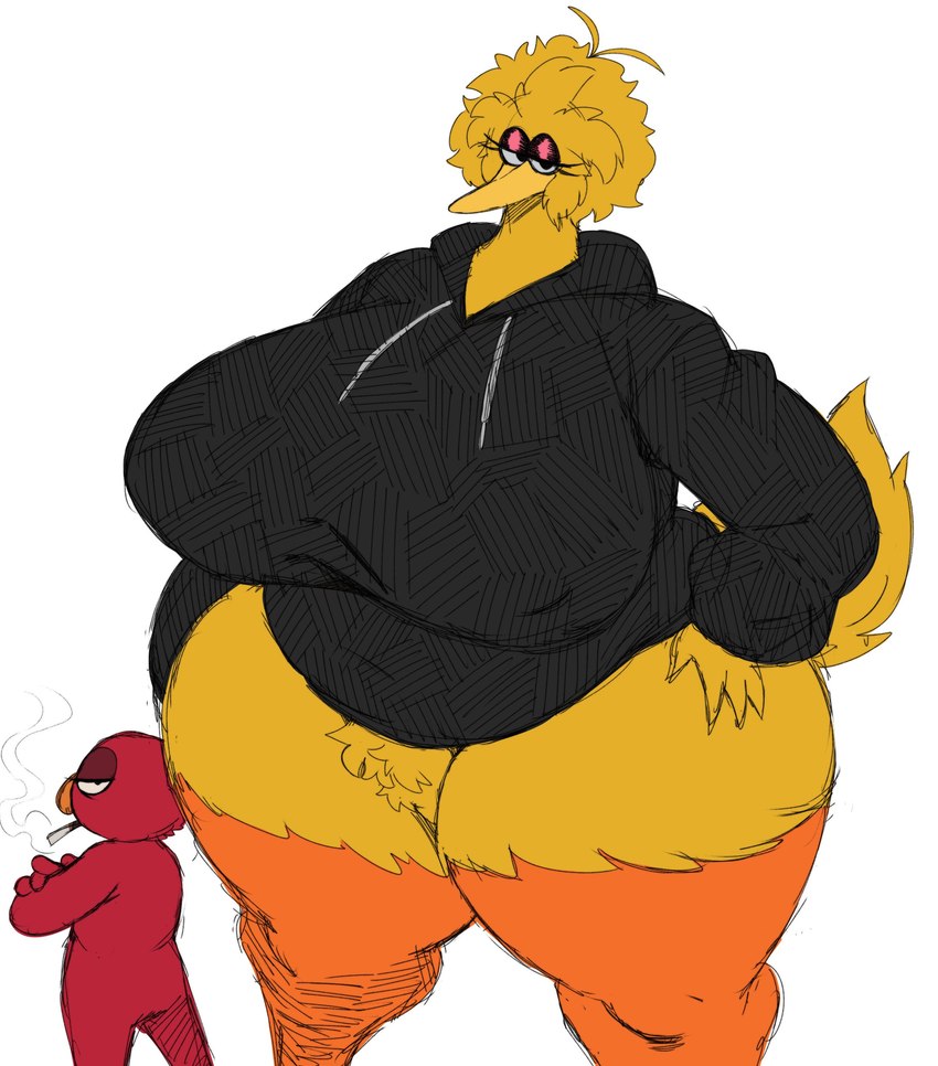 anthro beak big_breasts blonde_hair bottomless breasts cigarette clothed clothing crossed_arms crossgender duo female glistening_eyelids hair hoodie huge_breasts huge_hips huge_thighs larger_female looking_at_viewer looking_back male mtf_crossgender narrowed_eyes non-mammal_breasts obese overweight red_body size_difference smaller_male smoking thick_thighs topwear venus_figure wide_hips yellow_body sssonic2 muppets pbs sesame_street big_bird_(sesame_street) elmo avian bird humanoid 2023 absurd_res digital_media_(artwork) hi_res