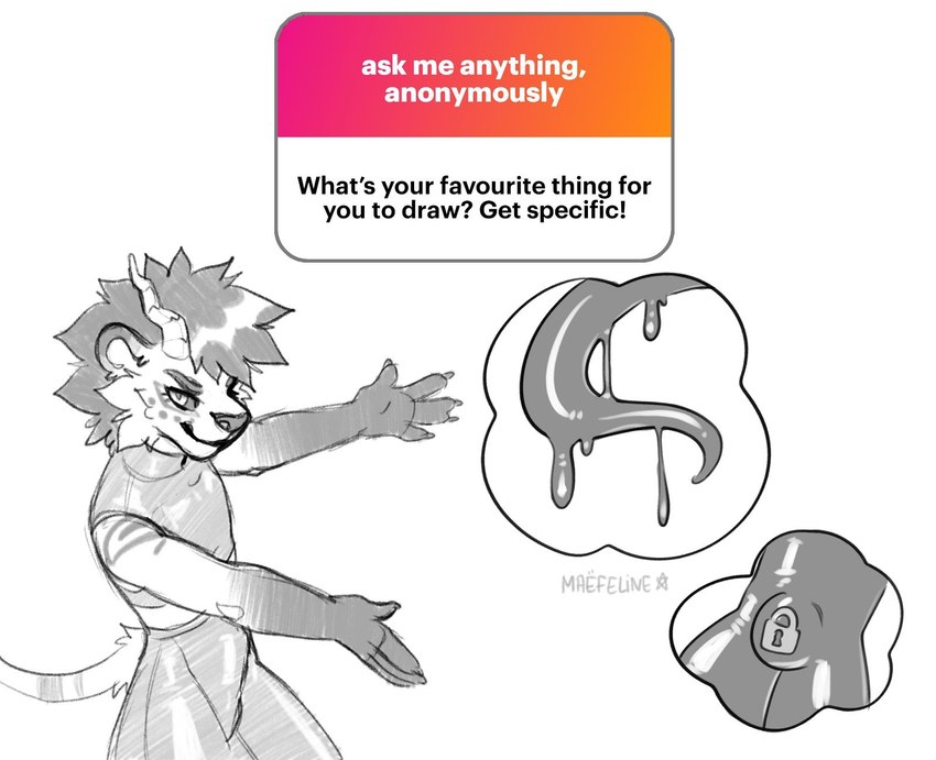 2_horns 5_fingers anthro black_goo black_tentacles chastity_bulge chastity_device claws clothing curved_horn dominant dominant_anthro dominant_male duo finger_claws fingers goo_drip horn latex latex_clothing latex_skinsuit lock_bulge male q&a ridged_horn skinsuit slim_anthro slim_dom slim_male slim_sub submissive submissive_anthro submissive_male tentacles text tight_clothing maefeline ngl maefeline_(character) felid lion mammal pantherine 2023 english_text hi_res