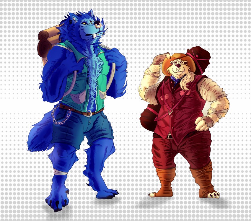 anthro belt blue_body blue_fur bottomwear claws clothed clothing duo explorer explorer_outfit facial_piercing fangs fur hat headgear headwear male paws piercing shorts slightly_chubby slightly_muscular tail teeth travel_bag traveling white_body white_fur nanuk_(artist) mythology amba_(slimshad1e) nanuk_the_bear bear canid canine canis mammal mythological_canine mythological_creature polar_bear ursine werecanid werecanine werecreature werewolf wolf hi_res