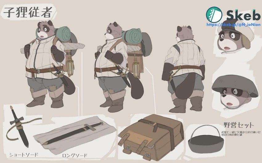 anthro backpack belly bottomwear brown_body clothing hat headgear headwear kemono male melee_weapon multiple_poses overweight overweight_male pose shirt shorts solo sword topwear weapon nion canid canine mammal raccoon_dog tanuki 2021 model_sheet