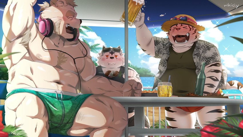 alcohol anthro armpit_hair barazoku beer beverage blush body_hair bulge clothing detailed_background electronics eyes_closed food fur group hat headgear headphones headphones_around_neck headwear kemono male muscular muscular_male overweight overweight_male shirt sitting swimwear topwear white_body white_fur nikiciy valkia_(nikiciy) bear canid canine canis felid mammal pantherine tiger wolf 16:9 2021 hi_res widescreen