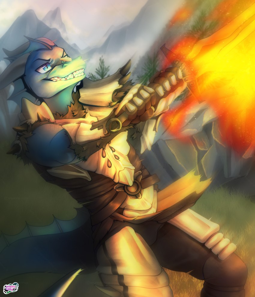 anthro armor blue_eyes cheek_frill facial_horn fire frill_(anatomy) green_body head_crest head_frill holding_melee_weapon holding_object holding_sword holding_weapon horn male melee_weapon nose_horn pupils sharp_teeth slit_pupils smile solo sword tail tail_frill teeth weapon xpuppykittyzx bethesda_game_studios microsoft mythology skyrim the_elder_scrolls dragon mythological_creature mythological_scalie scalie hi_res shaded soft_shading