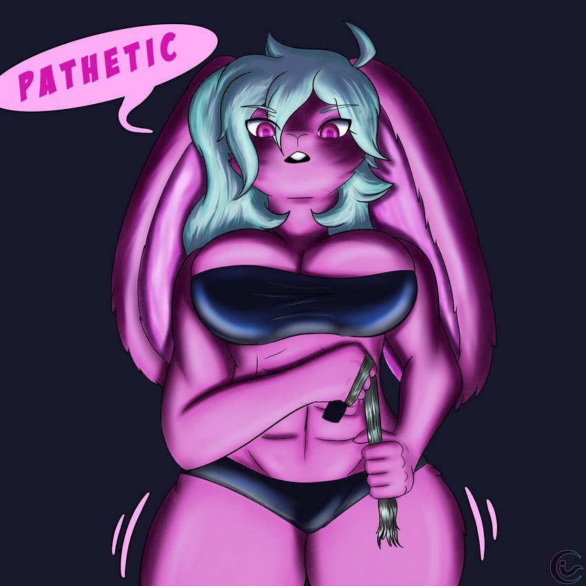 abs anthro big_ears breasts dominant female fur green_hair hair huge_ears implied_transformation latex looking_at_viewer pink_body pink_eyes pink_fur simple_background solo whip acutegabby pathetic_(meme) lagomorph leporid mammal rabbit 1:1 absurd_res digital_media_(artwork) hi_res meme trans_(lore) trans_woman_(lore)