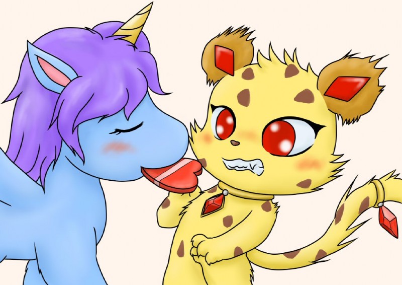 blue_body blue_fur blush duo eyes_closed female feral fur hair horn jewelry male purple_hair red_eyes simple_background spots white_background wings young young_feral ippan-jin jewelpet mythology sanrio sega sega_fave jasper_(jewelpet) opal_(jewelpet) cheetah equid equine felid feline mammal mythological_creature mythological_equine winged_unicorn