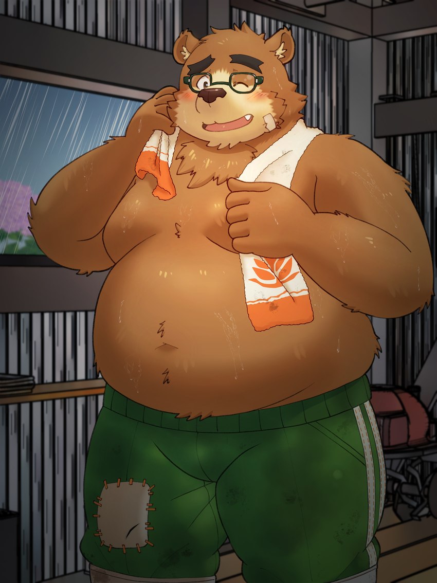 anthro belly big_belly blush bottomwear brown_body brown_fur clothing detailed_background eyewear fur glasses kemono male moobs navel one_eye_closed overweight overweight_male pants solo towel towel_around_neck yaki_atsuage lifewonders tokyo_afterschool_summoners volos_(tas) bear mammal 2024 absurd_res hi_res