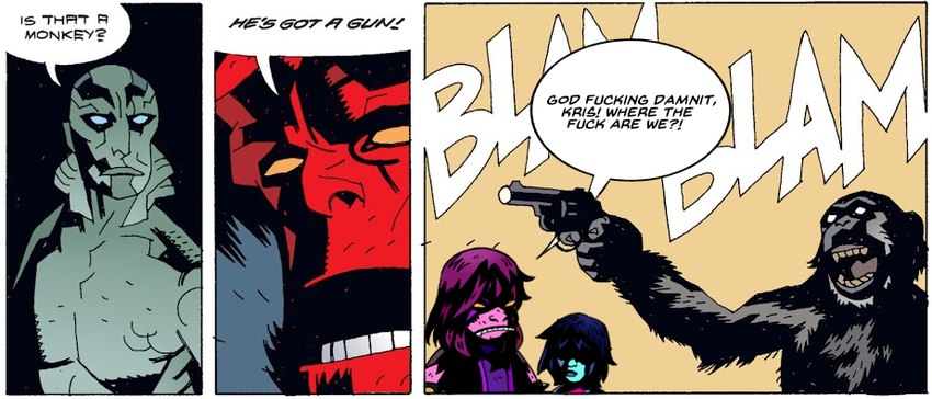 angry anthro clothed clothing dialogue feral group gun holding_gun holding_object holding_ranged_weapon holding_weapon humor parody profanity ranged_weapon sound_effects speech_bubble style_emulation text weapon western_comics_(style) bbgatile deltarune hellboy_(series) is_that_a_monkey kris_where_are_we undertale_(series) hellboy_(character) kris_(deltarune) susie_(deltarune) demon dinosaur haplorhine human humanoid mammal monkey prehistoric_species primate reptile scalie 2021 comic english_text lol_comments meme