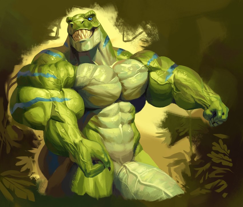 abs anthro barazoku biceps big_muscles big_penis blue_sclera blue_stripes claws erection genitals green_background green_body huge_muscles huge_penis humanoid_genitalia humanoid_penis hyper hyper_genitalia hyper_muscles hyper_penis leaf male muscular muscular_anthro muscular_male navel nude pecs penis sharp_teeth simple_background smile solo standing striped_body stripes teeth thick_penis triceps vein veiny_muscles veiny_penis yellow_background guzreuef dinosaur prehistoric_species reptile scalie theropod tyrannosaurid tyrannosauroid tyrannosaurus tyrannosaurus_rex 2022 hi_res