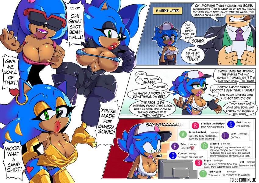 after_transformation anthro big_breasts breasts camel_toe cleavage clothed clothing crossgender dialogue duo ear_piercing ear_ring eyeshadow female lips lipstick makeup male nipples piercing profanity ring_piercing speech_bubble tan_body text thick_lips missphase sega sonic_the_hedgehog_(series) sonic_the_hedgehog english_text hi_res