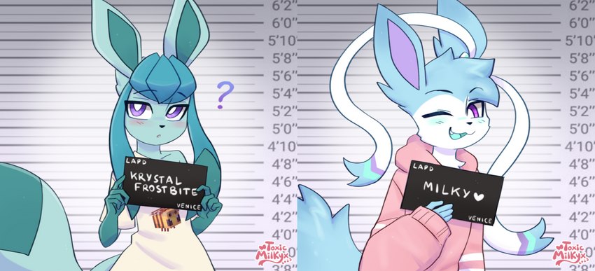 ambiguous_gender anthro biped blue_body blush clothed clothing duo one_eye_closed purple_eyes question_mark smile smiling_at_viewer text white_body toxicmilkyx barbie_(film) barbie_and_ken_mugshot_meme nintendo pokemon krystal_frostbite milk_the_sylveon_(toxicmilkyx) eeveelution generation_4_pokemon generation_6_pokemon glaceon pokemon_(species) shiny_pokemon sylveon english_text trans_(lore) trans_man_(lore)