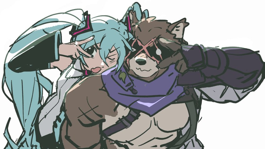 anthro blue_hair blush brown_body brown_fur duo female fur gesture hair hand_gesture long_hair male muscular muscular_anthro muscular_male one_eye_closed open_mouth pecs pigtails purple_bandana tan_body tan_skin v_sign white_body nasiijau epic_games fortnite vocaloid hajime_(fortnite) hatsune_miku canid canine human mammal raccoon_dog tanuki 16:9 hi_res widescreen