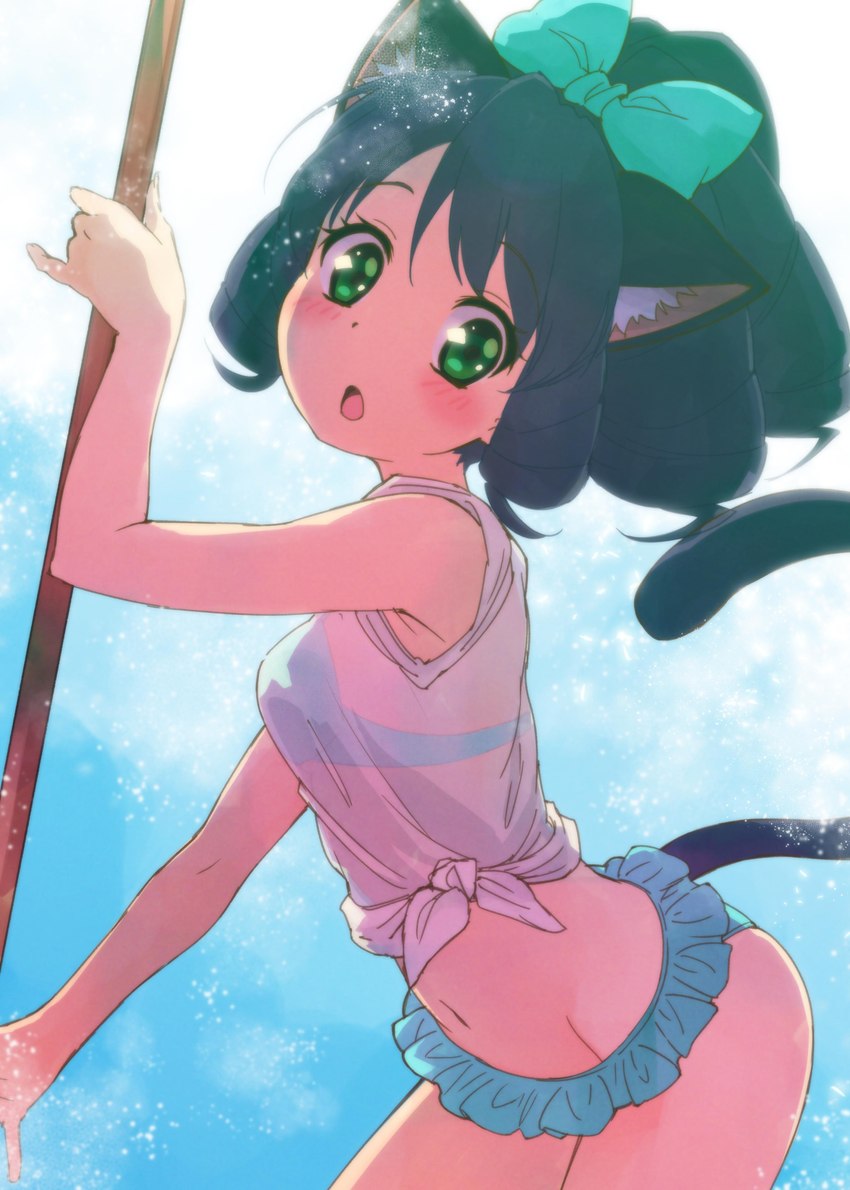 alternative_fashion bikini black_hair blush bow_ribbon breasts clothing female green_eyes hair j-fashion open_mouth short_hair small_breasts solo swimwear two-piece_swimsuit young young_female young_humanoid nuyums sanrio show_by_rock!! cyan_hijirikawa animal_humanoid cat_humanoid felid felid_humanoid feline feline_humanoid humanoid mammal mammal_humanoid absurd_res hi_res