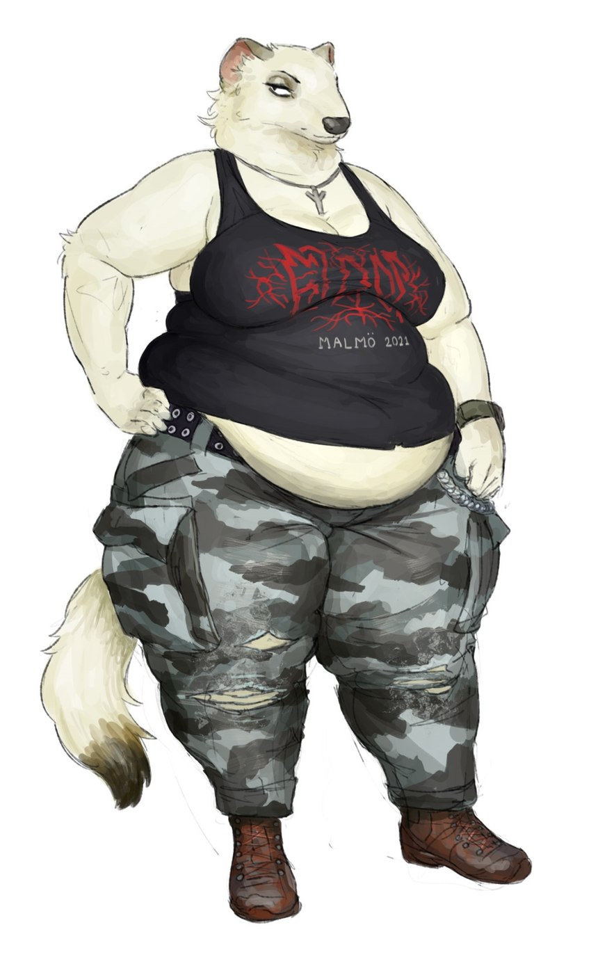 anthro belly belly_overhang belt bottomwear breasts camo cargo_pants clothing female footwear fur hand_on_hip jewelry necklace overweight overweight_anthro overweight_female pants shirt shoes simple_background solo standing tank_top topwear white_background white_body white_fur cettus maren_sommer mammal mustelid musteline stoat true_musteline weasel 2022 hi_res