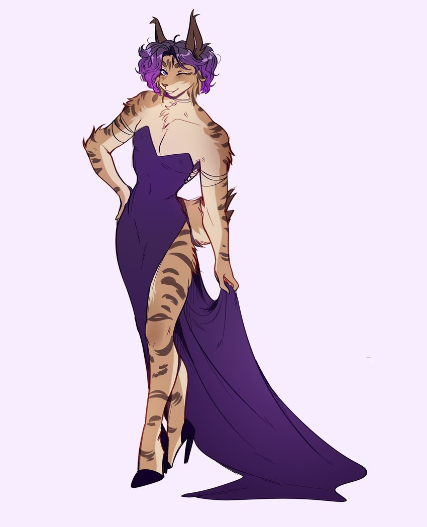 anthro brown_body brown_fur clothed clothing crossdressing dress eyelashes facial_tuft femboy footwear fully_clothed fur hair hand_on_hip high_heels holding_clothing holding_dress holding_object looking_at_viewer male messy_hair no_underwear one_eye_closed purple_clothing purple_dress purple_footwear purple_hair purple_high_heels shoes side_slit side_slit_dress simple_background slit_dress snout solo standing striped_body striped_fur stripes tan_body tan_fur three-quarter_view tuft wink sanginaria felid feline lynx mammal 2024 digital_drawing_(artwork) digital_media_(artwork) hi_res