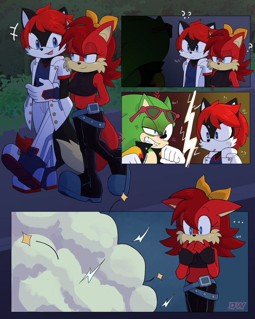 angry anthro belt bottomwear bow_accessory clothed clothing cross-popping_vein eyewear female fight fight_cloud glasses group hair headgear jacket male night outside question_mark simple_background text topwear trio dreamatwrite archie_comics sega sonic_the_hedgehog_(archie) sonic_the_hedgehog_(comics) sonic_the_hedgehog_(series) fan_character fiona_fox scourge_the_hedgehog xion_archaeus canid canine canis eulipotyphlan fox hedgehog mammal wolf 4:5 absurd_res comic digital_media_(artwork) hi_res