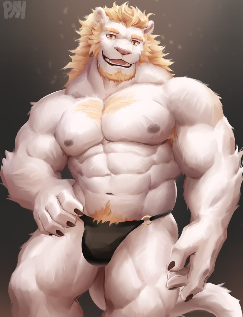 abs anthro areola arm_tuft armpit_hair barazoku beard biceps big_biceps big_deltoids big_forearm_muscles big_muscles big_pecs biped black_clothing black_jockstrap black_lips black_underwear blocky_snout blonde_armpit_hair blonde_beard blonde_body_hair blonde_chest_hair blonde_eyebrows blonde_facial_hair blonde_hair blonde_pubes blonde_sideburns body_hair broad_shoulders brown_claws bulge chest_hair claws clothed clothing deltoids elbow_tuft eyebrows facial_hair finger_claws forearm_muscles front_view fur grey_areola grey_nipples hair hand_on_hip humanoid_hands inner_ear_fluff jockstrap kemono light light_armpit_hair light_beard light_body light_body_hair light_chest_hair light_ears light_eyebrows light_facial_hair light_fur light_hair light_inner_ear light_inner_ear_fluff light_pubes light_sideburns light_tail light_tuft lips logo long_hair long_tail looking_at_viewer male male_anthro monotone_beard monotone_body monotone_facial_hair monotone_fur monotone_hair monotone_inner_ear monotone_sideburns monotone_tail muscular muscular_anthro muscular_arms muscular_legs muscular_male muscular_thighs navel nipples obliques open_mouth open_smile pecs pink_inner_ear pink_nose pink_tongue pose pubes pupils quads round_ears serratus sharp_teeth sideburns simple_background skimpy small_claws smile smiling_at_viewer snout solo standing tail teeth thick_neck tongue topless topless_anthro topless_male trapezius triceps tuft underwear underwear_only wavy_tail white_body white_ears white_fur white_inner_ear_fluff white_tail white_tuft yellow_eyes physen felid lion mammal pantherine 2020 absurd_res artist_logo digital_media_(artwork) digital_painting_(artwork) hi_res lighting pinup portrait shaded signature three-quarter_portrait watermark