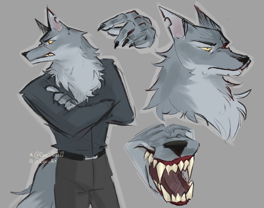 angry anthro belt biped black_claws blue_eyes bottomwear chest_tuft claws clenched_teeth clothed clothing dipstick_tail dress_shirt frown fur grey_background grey_body grey_fur male markings mouth_shot narrowed_eyes notched_ear open_mouth pants sharp_fangs shirt simple_background solo standing tail tail_markings teeth text tongue topwear tuft yellow_sclera aryix canid canine canis mammal wolf 2024 artist_name bust_portrait digital_media_(artwork) model_sheet portrait signature three-quarter_portrait