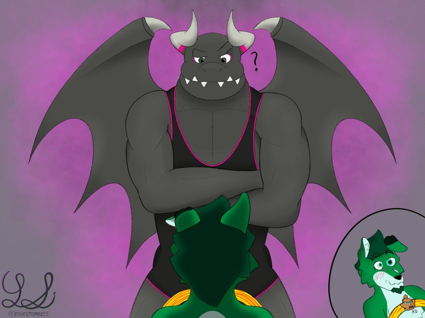 anthro blush confusion crossed_arms cutaway duo excited eyebrows folded_ears horn male male/male question sportswear teeth text thick_eyebrows wings wrestling_singlet yose_stones mythology nintendo ring_fit_adventure dragaux ring_(ring_fit_adventure) yose_stones_(character) canid canine canis dragon mammal mythological_creature mythological_scalie scalie wolf digital_media_(artwork) hi_res procreate_(artwork)