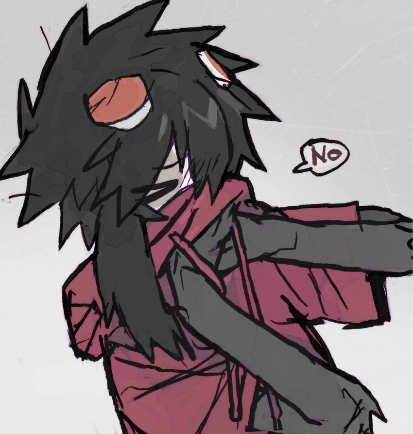 >_< anthro black_body black_fur black_hair blush blush_lines broken_horn clothing eyes_closed fur hair hoodie horn male red_clothing red_hoodie red_topwear slim_anthro slim_male solo speech_bubble topwear white_body white_fur moux species_request 2024 hi_res