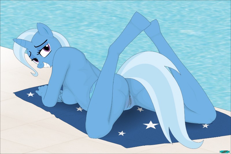 anthro anthrofied breasts butt female genitals horn irl_trace medium_breasts nude pose pussy solo swimming_pool water fab3716 friendship_is_magic hasbro my_little_pony mythology trixie_(mlp) equid equine mammal mythological_creature mythological_equine unicorn pinup