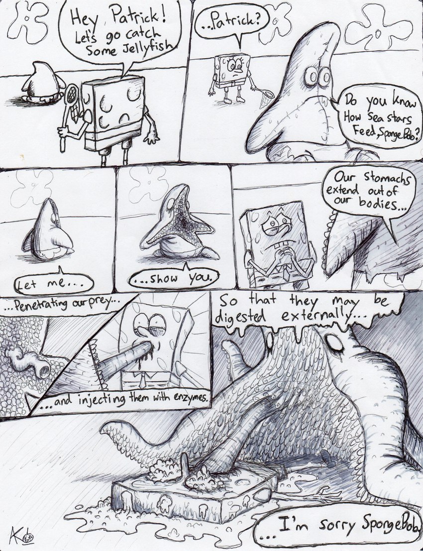 anthro blood bodily_fluids bottomwear clothed clothing death dialogue duo eyelashes gore killing male net pants scared speech_bubble teeth text stillinthesimulation nickelodeon spongebob_squarepants patrick_star spongebob_squarepants_(character) asterozoan echinoderm marine sea_sponge starfish absurd_res comic english_text hi_res