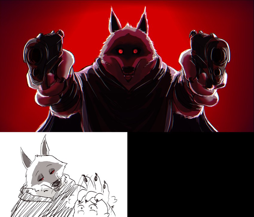 ambiguous_gender anthro dual_holding dual_wielding duo fluffy gun holding_object holding_weapon looking_at_viewer male ranged_weapon red_eyes solo standing weapon ultimatellurker dreamworks puss_in_boots_(franchise) anon death_(puss_in_boots) canid canine canis human mammal wolf absurd_res hi_res