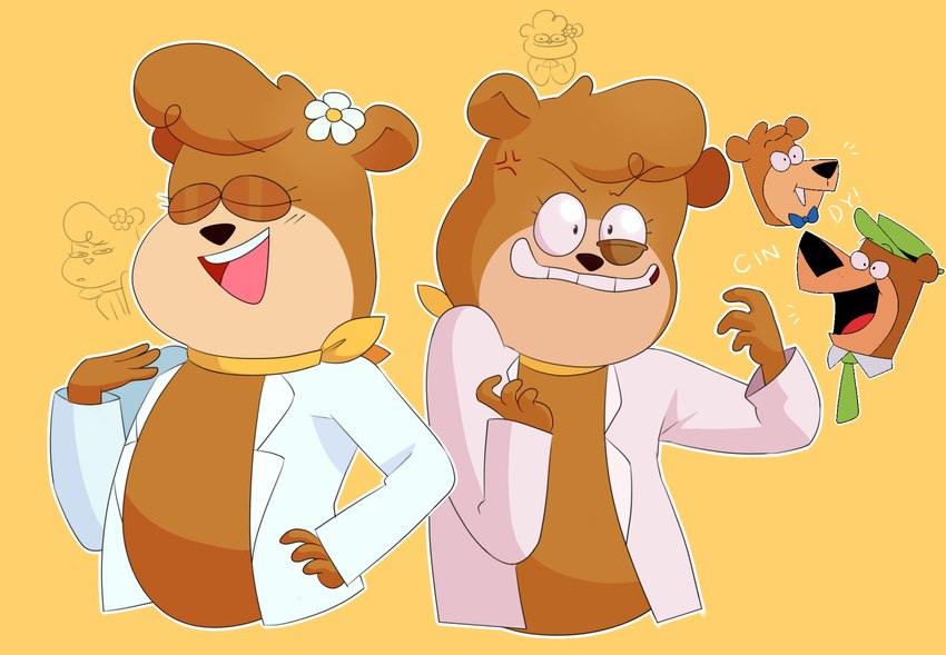 accessory anthro black_nose brown_body brown_hair clothing eyes_closed female flower hair hat headgear headwear male open_mouth open_smile plant simple_background smile tan_body toony uniform yellow_background caramelbubbleart hanna-barbera jellystone_(hbo_max) yogi_bear boo-boo_bear cindy_bear yogi_bear_(character) bear mammal hi_res