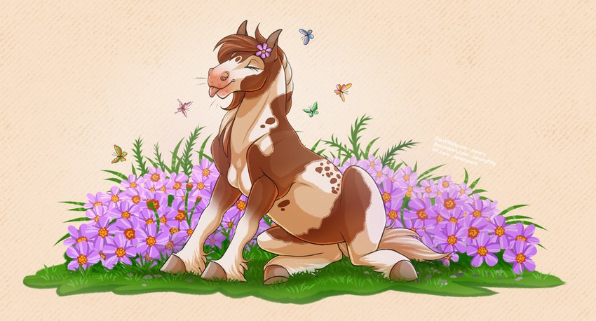 female feral flower plant pose simple_background sitting solo jenery ambient_arthropod ambient_insect arthropod butterfly equid equine horse insect lepidopteran mammal 2020