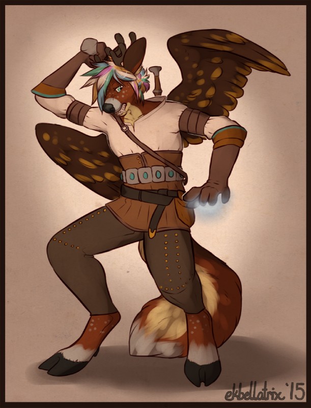 ambiguous_gender anthro antlers biped clothed clothing feathered_wings feathers green_eyes hair hooves horn long_hair melee_weapon multicolored_hair solo spots standing sword weapon wings ekbellatrix aven-fawn deer mammal peryton 2015 digital_media_(artwork) hi_res