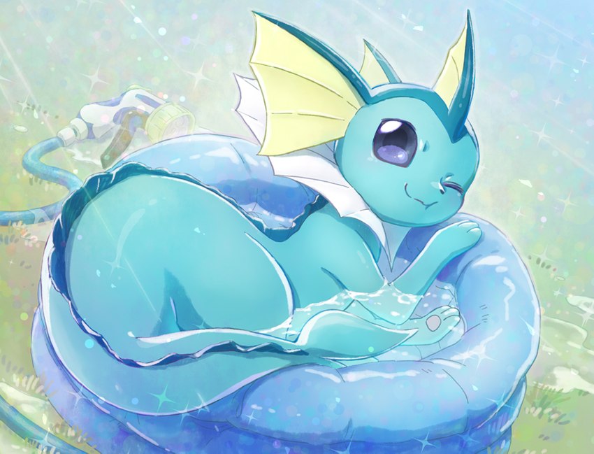 ambiguous_gender blue_eyes daww detailed_background feral garden_hose glistening glistening_body glistening_skin hose kiddie_pool light looking_at_viewer one_eye_closed outside partially_submerged pawpads smile solo sparkles sunlight tail wink wataame nintendo pokemon eeveelution generation_1_pokemon pokemon_(species) vaporeon