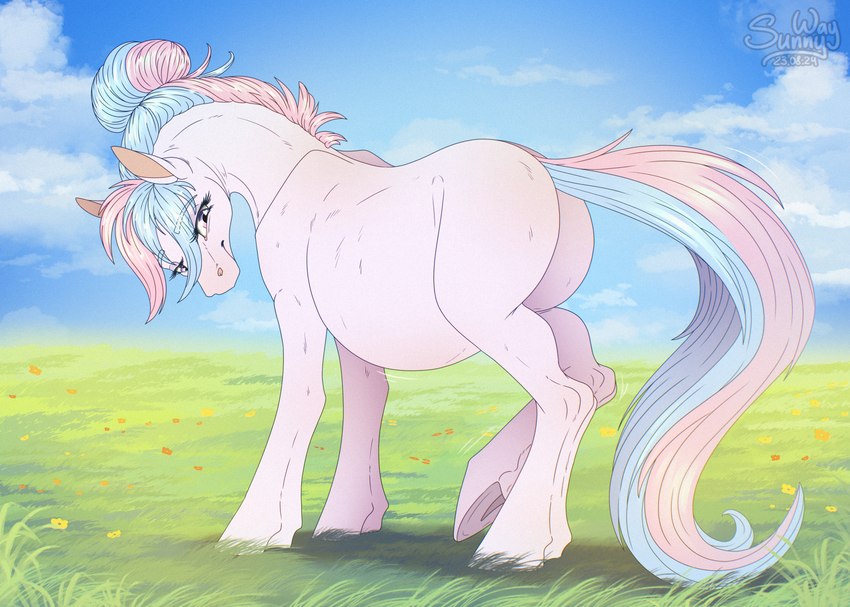 butt female feral grass happy hooves plant pregnant pregnant_female pregnant_feral rear_view reward smile solo sunny sunny_way hasbro my_little_pony bundle_joy feld earth_pony equid equine horse mammal pony hi_res