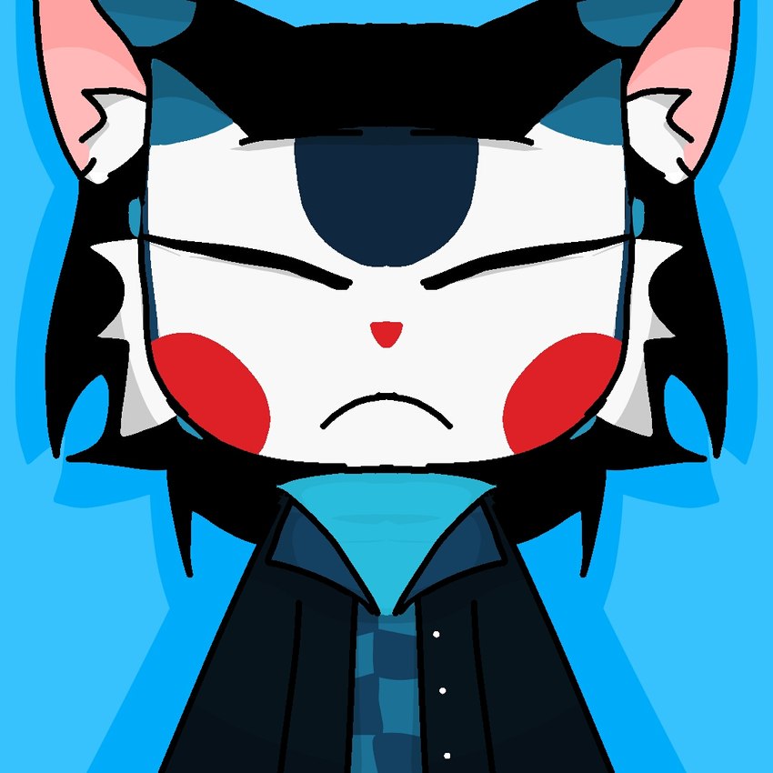 animal_mask black_body black_fur cheek_spots cheek_tuft clothed clothing eyes_closed facial_tuft frown fur inner_ear_fluff jacket male mask pointy_ears prick_ears red_nose shirt solo topwear triangle_nose tuctuc tuft xfs incredibox 1:1 cel_shading half-length_portrait portrait shaded