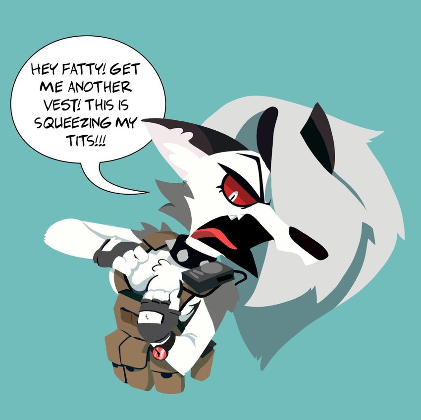 annoyed anthro biped black_clothing black_gloves black_handwear breasts chest_tuft clock clothed clothed_anthro clothed_female clothing collar dialogue electronics female fingerless_gloves fluffy fur gloves grey_body grey_fur grey_hair hair hand_on_breast handwear inner_ear_fluff multicolored_body multicolored_fur red_sclera simple_background solo speech_bubble spiked_collar spikes text topwear tuft two_tone_body two_tone_fur vest walkie-talkie watch white_body white_eyes white_fur wristwatch doodling-doodler helluva_boss mythology loona_(helluva_boss) canid canid_demon canine demon hellhound mammal mythological_canine mythological_creature 2025 english_text meme