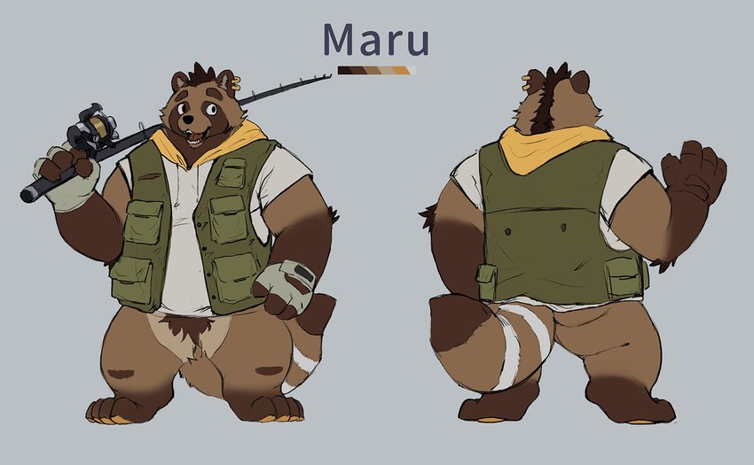 anthro brown_body clothing fishing_rod hoodie humanoid_hands kemono male overweight overweight_male simple_background solo topwear racoonwolf canid canine mammal raccoon_dog tanuki 2022 hi_res model_sheet