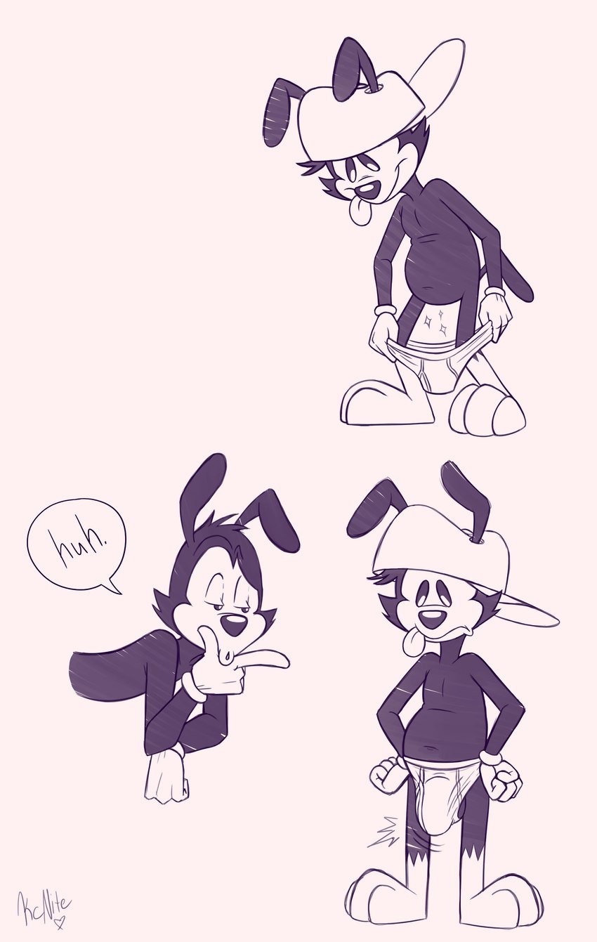 anthro balls big_bulge bulge cartoon_physics clothing featureless_crotch genitals hat headgear headwear male tongue underwear kcnite animaniacs warner_brothers wakko_warner yakko_warner mammal absurd_res hi_res monochrome brother_(lore) sibling_(lore)