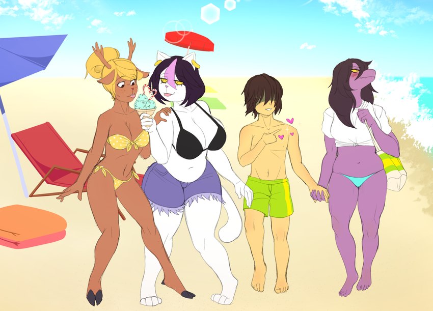 anthro beach beach_umbrella big_breasts bikini bikini_bottom bikini_top blush bottomwear breasts brown_body brown_fur clothing curvy_figure denim denim_bottomwear denim_clothing denim_shorts dessert female food fur group hair hair_over_eyes hand_holding heart_symbol ice_cream light_body light_skin male parasol purple_body purple_skin seaside shirt shorts slightly_chubby swimming_trunks swimwear tied_shirt topwear two-piece_swimsuit voluptuous white_body white_fur yellow_eyes yellow_sclera huwon deltarune mythology undertale_(series) catti_(deltarune) kris_(deltarune) noelle_holiday susie_(deltarune) deer domestic_cat dragon felid feline felis human mammal mythological_creature mythological_scalie scalie absurd_res hi_res