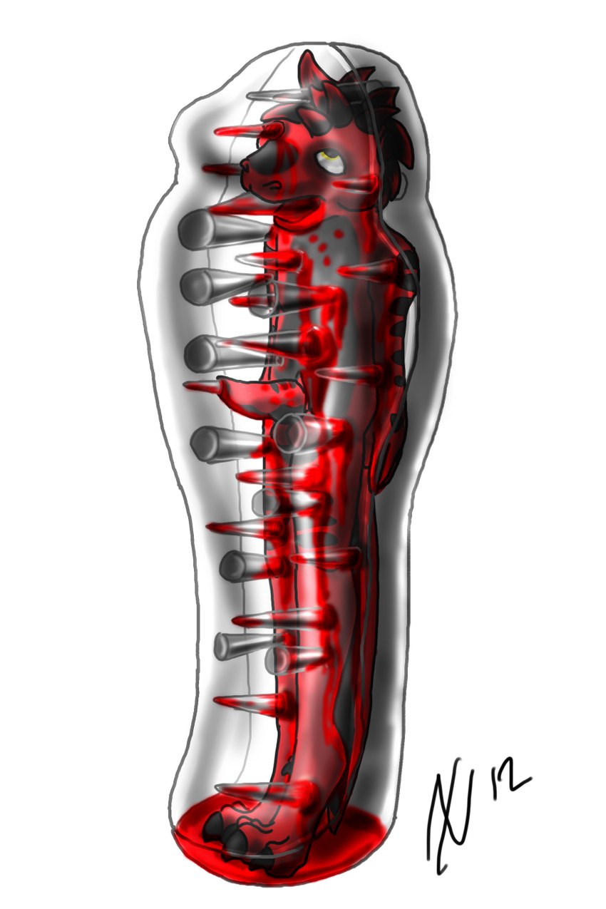 anthro balls black_body black_claws black_skin blood blood_from_penis bodily_fluids claws death erection genitals gore gore_focus iron_maiden male male_death penis red_balls red_body red_penis red_skin simple_background snuff solo standing torture_device white_background dombrus furx_(character) lizard reptile scalie 2012 digital_drawing_(artwork) digital_media_(artwork) hi_res signature