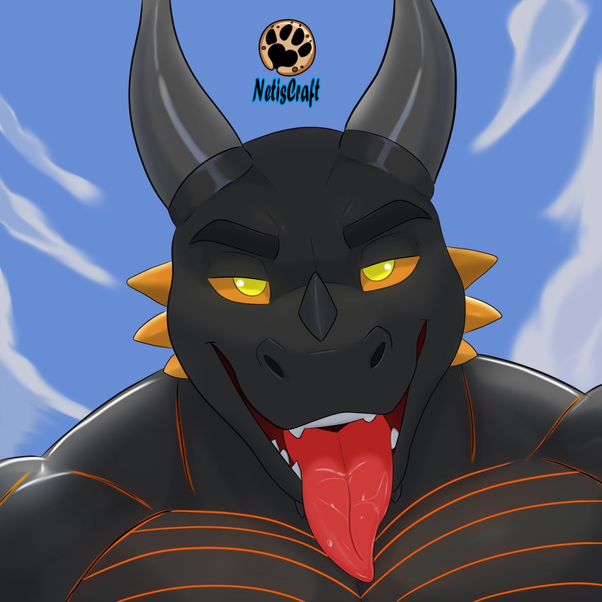 anthro bedroom_eyes bodily_fluids dark_body dark_skin dominant horn male muscular muscular_male narrowed_eyes orange_stripes saliva seductive solo stripes teeth tongue tongue_out yellow_eyes netiscraft mythology dragon mythological_creature mythological_scalie scalie 1:1 bust_portrait hi_res icon portrait