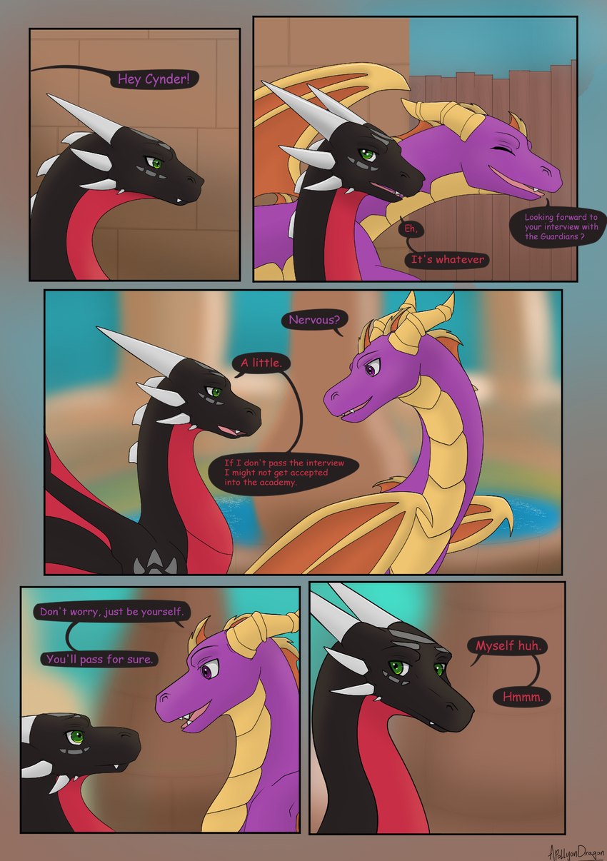 black_body blurred_background calling dialogue duo female feral green_eyes horn interview male nervous purple_body purple_eyes text wings apollyondragon activision mythology spyro_the_dragon cynder spyro dragon mythological_creature mythological_scalie scalie 2023 comic digital_drawing_(artwork) digital_media_(artwork) hi_res signature