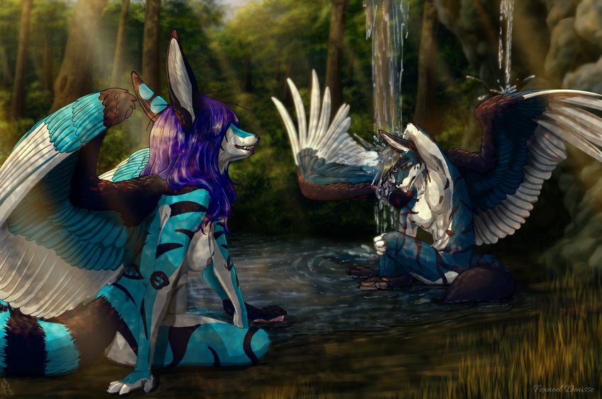 anthro bathing blue_body blue_feathers blue_fur blue_hair duo feathered_wings feathers female forest fur grey_hair hair light light_beam male nipples nude open_mouth pawpads plant snout stripes sunbeam sunlight tree water waterfall wings fexneel_denisse fexneel_(character) skyggneelulf arati aratilupus arativulpes mammal 2023 absurd_res digital_media_(artwork) hi_res watermark adopted_(lore) adopted_son_(lore) adoptive_mother_(lore)