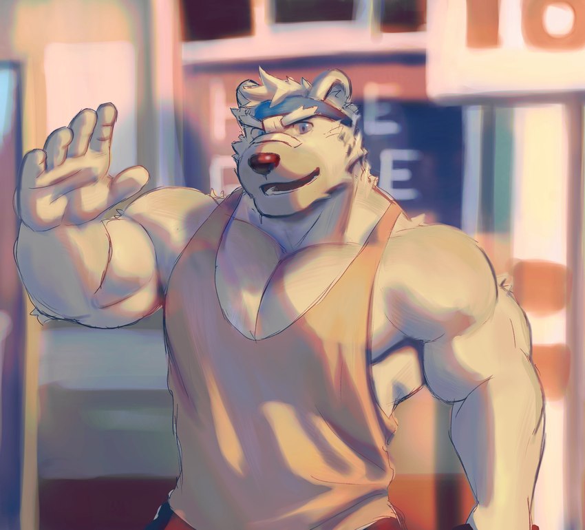 accessory anthro biceps blue_eyes bottomwear clothing detailed_background fur headband male muscular muscular_anthro muscular_male outside solo topwear white_body white_fur episode0006 ben_(rollingstoneeeeee) bear mammal polar_bear ursine absurd_res hi_res