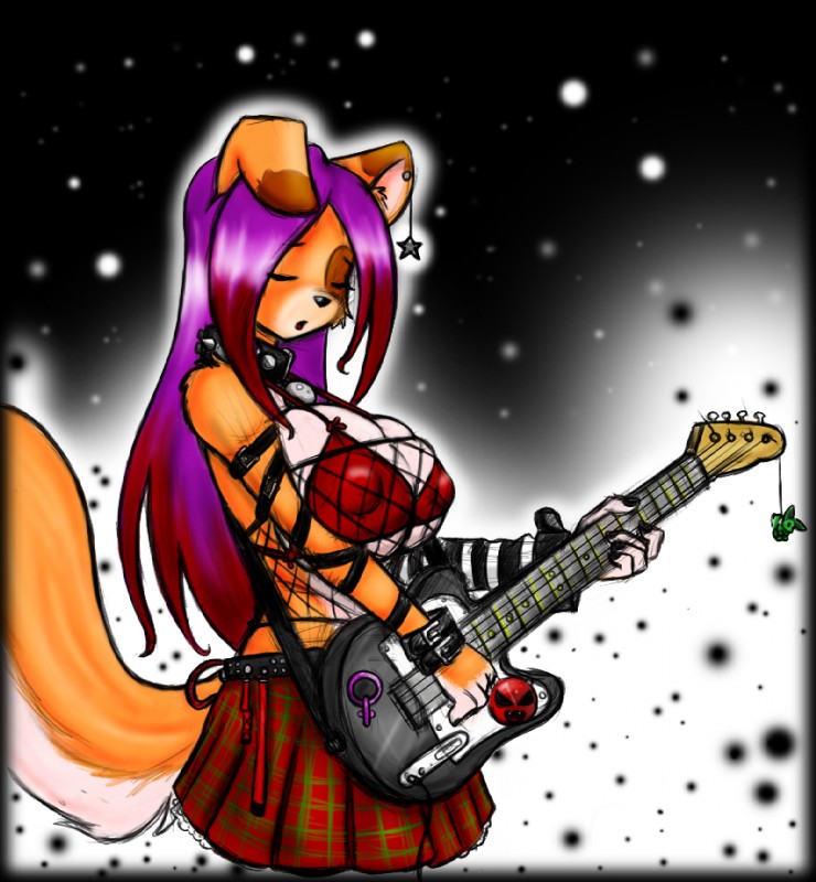 alternative_fashion anthro bass_guitar big_breasts bikini bikini_top black_collar black_nose bottomwear breasts brown_body brown_fur brown_hair clothed clothing collar dangle_ear_piercing dangle_piercing ear_piercing eyes_closed female fishnet_clothing fishnet_topwear fur glamfur guitar hair helix_piercing huge_breasts musical_instrument nipple_outline piercing playing_guitar playing_music plucked_string_instrument punk simple_background skimpy skirt solo spiked_collar spikes string_instrument swimwear tail topwear two-piece_swimsuit white_body white_fur tora-chan fyxe canid canine mammal