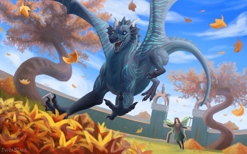 ambiguous_feral ambiguous_gender autumn blue_stripes claws clothed clothing day detailed_background duo female feral grey_body heterochromia horn insect_wings jumping leaf membrane_(anatomy) membranous_wings outside pawpads paws plant scales sky smile stripes tail teeth tree ventral_scales wings deltablackk european_mythology mythology istaria pryzm dragon fairy humanoid mammal mythological_creature mythological_scalie scalie western_dragon 16:10 absurd_res digital_media_(artwork) hi_res widescreen