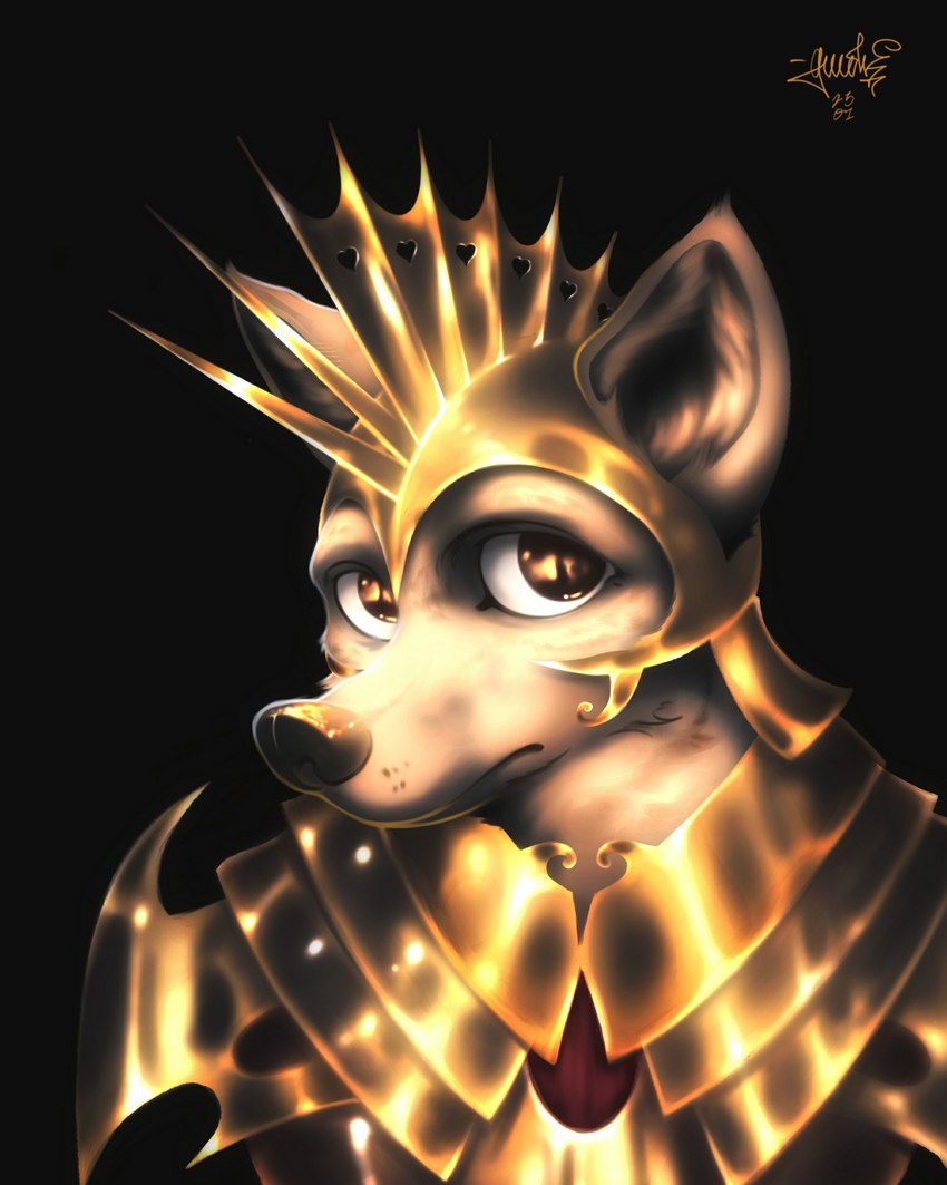 anthro armor black_background black_nose brown_eyes clothing fur glistening glistening_eyes gold_(metal) gold_armor gold_suit headgear helmet inner_ear_fluff looking_at_viewer looking_back looking_back_at_viewer male monotone_body monotone_face monotone_fur reflection reflective_clothing simple_background solo spiked_armor spikes suit topwear tuft warrior white_body white_fur gwolk canid canine canis domestic_dog mammal 4:5 absurd_res hi_res shaded