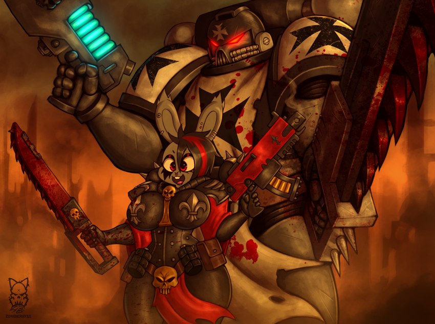 adepta_sororitas adeptus_astartes alternative_fashion anthro armor belt big_breasts black_armor black_eyeshadow black_hair blood blood_on_arm blood_on_armor blood_on_clothing blood_on_weapon blood_splatter bodily_fluids bolter bone boob_armor bottomwear breastplate breasts buckteeth chainsword clothing cosplay cuirass cuisse dual_wielding duo ear_piercing energy_weapon explosives eyeliner eyeshadow facial_piercing female fur gauntlets gloves glowing glowing_eyes goth grenade grey_body grey_fur gun hair handwear happy headgear helmet highlights_(coloring) holding_gun holding_melee_weapon holding_object holding_ranged_weapon holding_sword holding_weapon imperium_of_man larger_human larger_male logo loincloth machine makeup male melee_weapon multicolored_hair nose_piercing nose_ring open_mouth pauldron piercing plasma_gun pouches power_armor ranged_weapon red_bottomwear red_clothing red_eyes red_eyeshadow red_hair red_highlights red_loincloth ring_piercing shoulder_pads size_difference skull skull_head smaller_anthro smaller_female smile space_marine spikes standing sword teeth two_tone_hair utility_belt vambrace weapon zombieray10 warhammer_(franchise) warhammer_40000 black_templar jeana_(zombieray10) sister_of_battle human lagomorph leporid mammal rabbit 2023 artist_logo artist_name portrait three-quarter_portrait