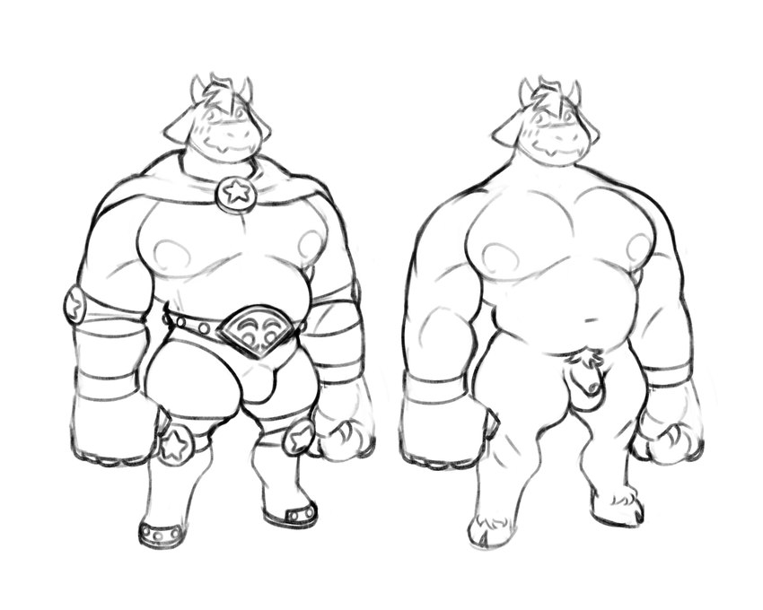 anthro balls barazoku belt big_pecs blush bulge genitals hooves horn male musclegut muscular muscular_anthro muscular_male navel nipples nude pecs penis pubes solo unsigned wrestler magnaarc kings_of_hell enfer_belial bovid caprine goat mammal 5:4 absurd_res hi_res monochrome sketch