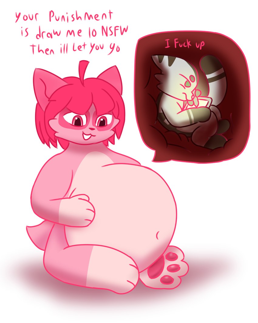 anthro drawing_tablet endosoma female female_pred fur male male/female male/male male_prey pink_body pink_fur profanity punishment safe_vore tablet tablet_pen text unwilling_prey vore nikoransfw niko_(nikoransfw) nikora_(nikoransfw) domestic_cat felid feline felis hybrid mammal 4:5 english_text hi_res