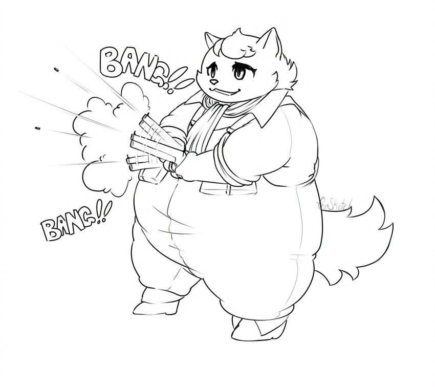 anthro clothing gun handgun humor male overalls overweight pistol ranged_weapon shooting shooting_gun solo weapon young foxydraws cyberconnect2 fuga:_melodies_of_steel little_tail_bronx boron_brioche domestic_cat felid feline felineko felis mammal hi_res line_art