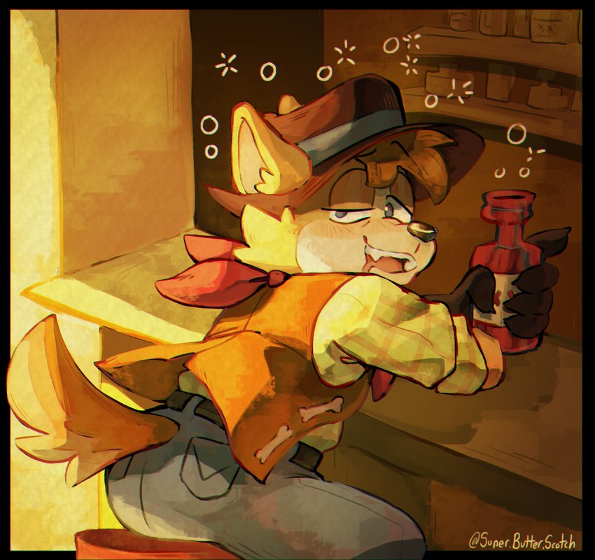 anthro clothing cowboy cowboy_hat drinking drunk hat headgear headwear male substance_intoxication superbutterscotch scott_(corgipudding) canid canine canis domestic_dog herding_dog mammal pastoral_dog welsh_corgi absurd_res hi_res