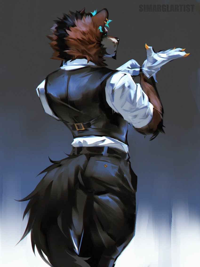 anthro biped black_body black_fur blue_body blue_fur brown_body brown_fur clothing ear_piercing ear_ring fur looking_at_viewer male muscular muscular_anthro muscular_male piercing ring_piercing solo standing topwear vest wearing_gloves simargl_(artist) hyena mammal 2024 3:4 hi_res