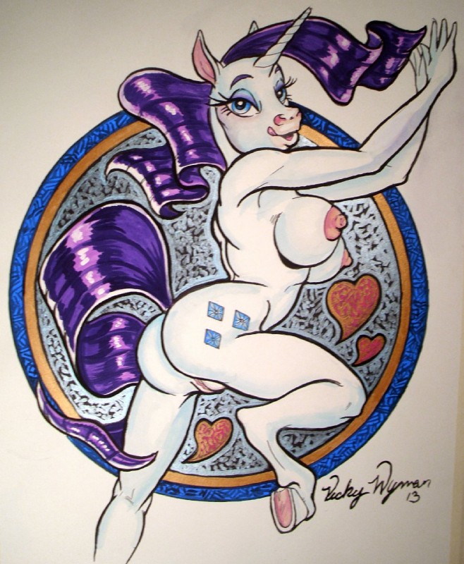 anthro anthrofied biped blue_eyes blue_eyeshadow breasts circle eyeliner eyeshadow female genitals hair heart_symbol hooves horn makeup nipples nude pose purple_eyeliner purple_hair pussy solo standing underhoof vicky_wyman friendship_is_magic hasbro my_little_pony mythology rarity_(mlp) equid equine mammal mythological_creature mythological_equine unicorn 2013 hi_res pinup signature traditional_media_(artwork)